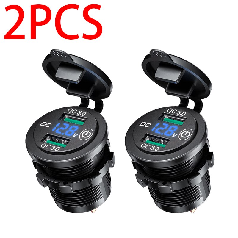 Dubbla usb  qc3.0 billaddare uttag med touch-omkopplare vattentät dammtät lock led 12v biluttag för telefon surfplatta kamera gps dvr: Blå typ  b 2 st