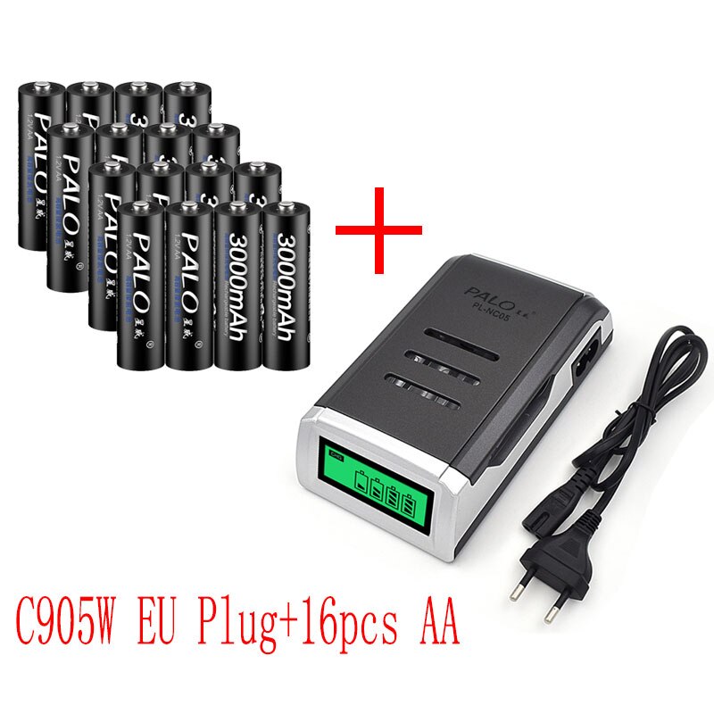 PALO LCD smart AA battery charger for AA AAA rechargeable battery +1.2V NI-MH 3000mAh AA rechargeable batteries for camera toy: Charger and 16pcs AA