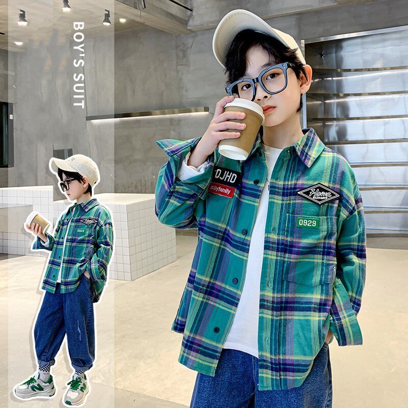 Kinderen Plaid Shirts Lange Mouw Tops Voor Jongens Tiener Casual Kleding Kids Cotton Turn-Down Kraag Lente Kostuum 6 8 10 12Y