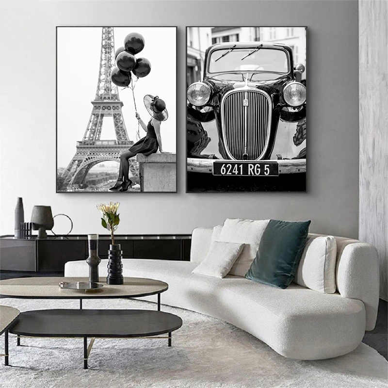 Fotos de fotografía en blanco y negro, imagen impresa en lienzo, globos negros, para mujer, Tour Eiffel, cartel de coche Vintage, decoración del hogar