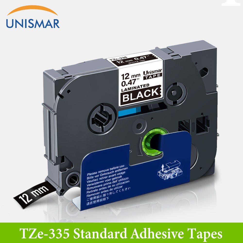 Unismar blanco en claro TZ-135 12mm cinta para etiquetas laminada hermano TZe 334 TZ cinta para P touch PT-D210 PT-H110 fabricante de etiquetas: White on Black