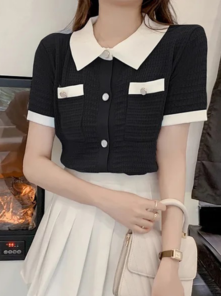 Sommer koreansk tøj kortærmet dame t-shirt med nedadgående krave grøn cardigan dame strikket top camisetas mujer: Sort