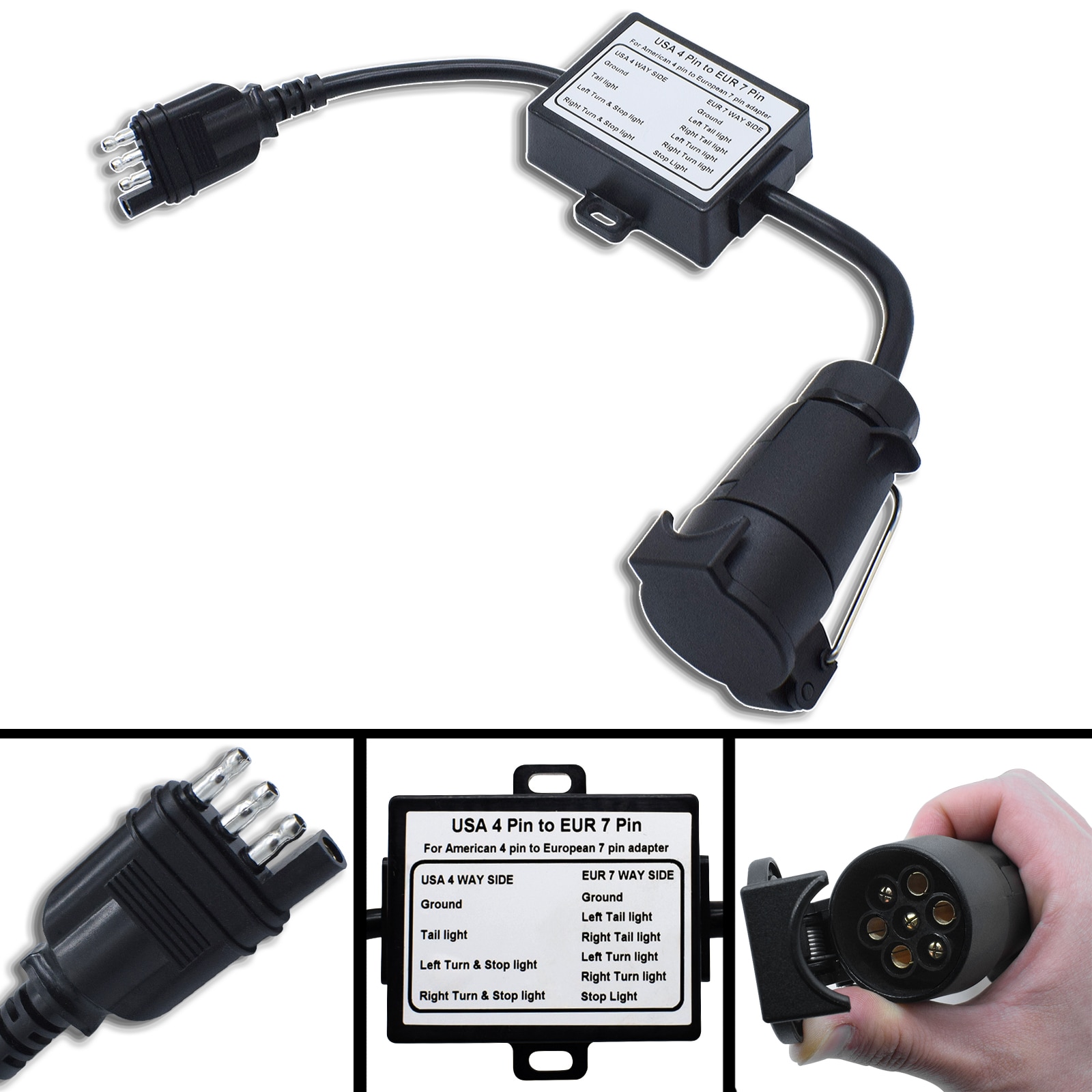 US to EU Trailer Light Converter 4 pin flat Socket (American Vehicle) to 7 Pin Round Adapter (European Trailer)