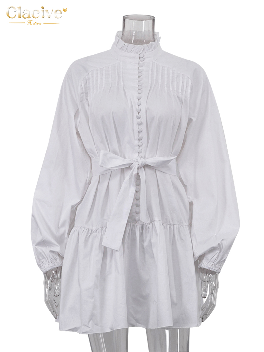 Clacive lose weiße Baumwolle Kleid lässig Stehkragen Puff ärmel Mini kleid elegante Schnür Falten kleider für Frauen