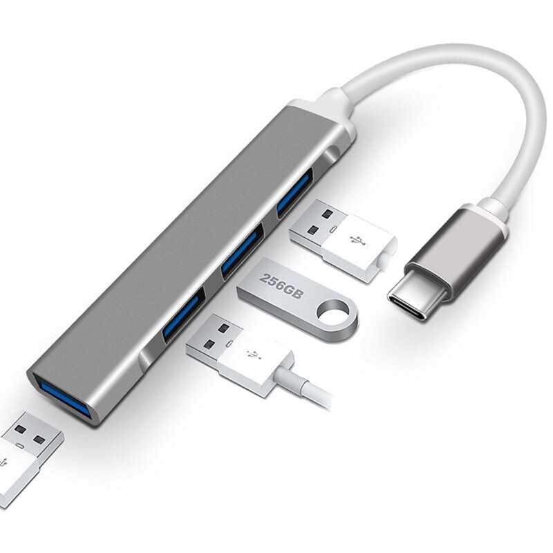 Type-C Hub USB-C Om 4-Poort USB3.0 High-Speed Splitter Otg Aluminium Docking Station grijs