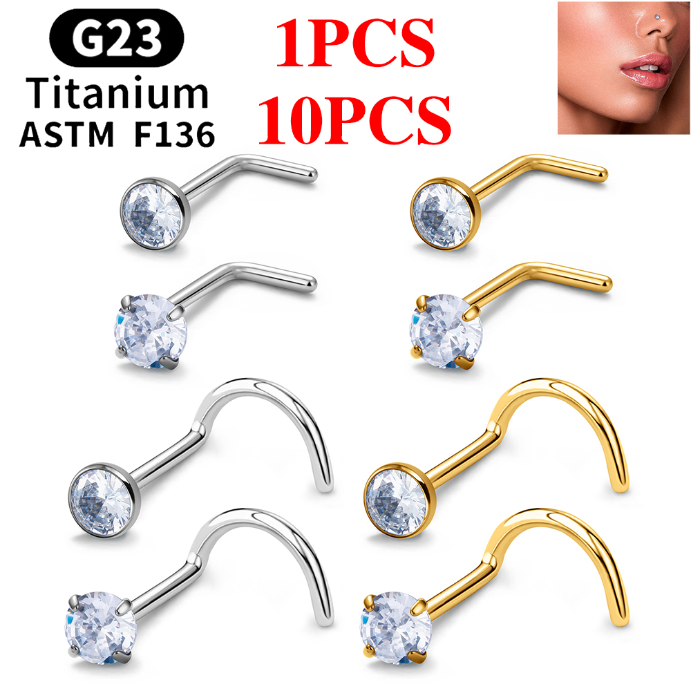 1/10 Uds ASTM F136 G23 Piercing de titanio para la nariz 20G tachuelas para la nariz en forma de L con circonita 2-3mm anillos para la nariz joyería para Piercing de la nariz
