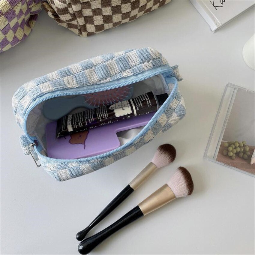 Dambord Rooster Make-Up Tas Gebreide Stof Vrouwen Cosmetische Organizer Rits Beauty Pouch Pols Make Up Pouch Toilettas Case