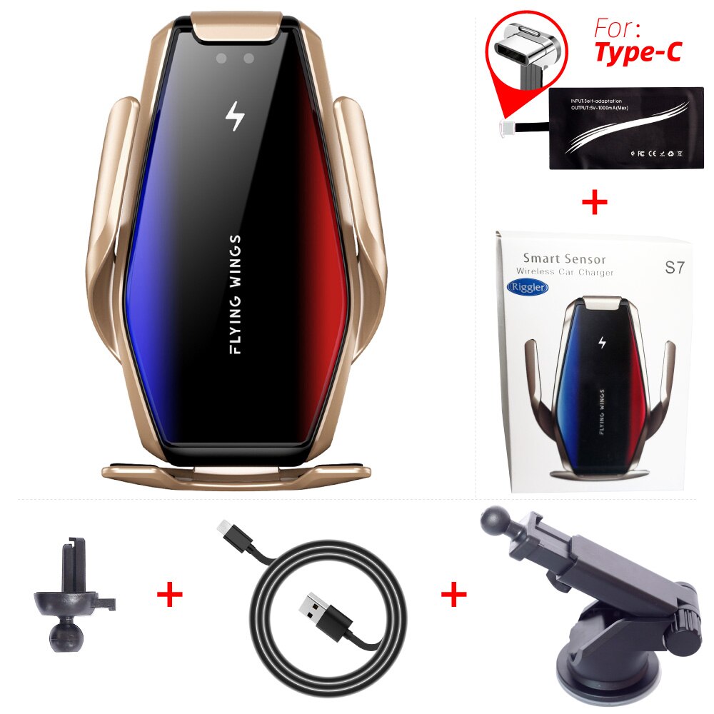 Super-Condensatore Per Auto 15W Caricatore Senza Fili Automatico di Carica Rapida di Montaggio per Il Iphone XS XR X Samsung S10 +/ 10 S9/8 Note9: Gold holdertypeC