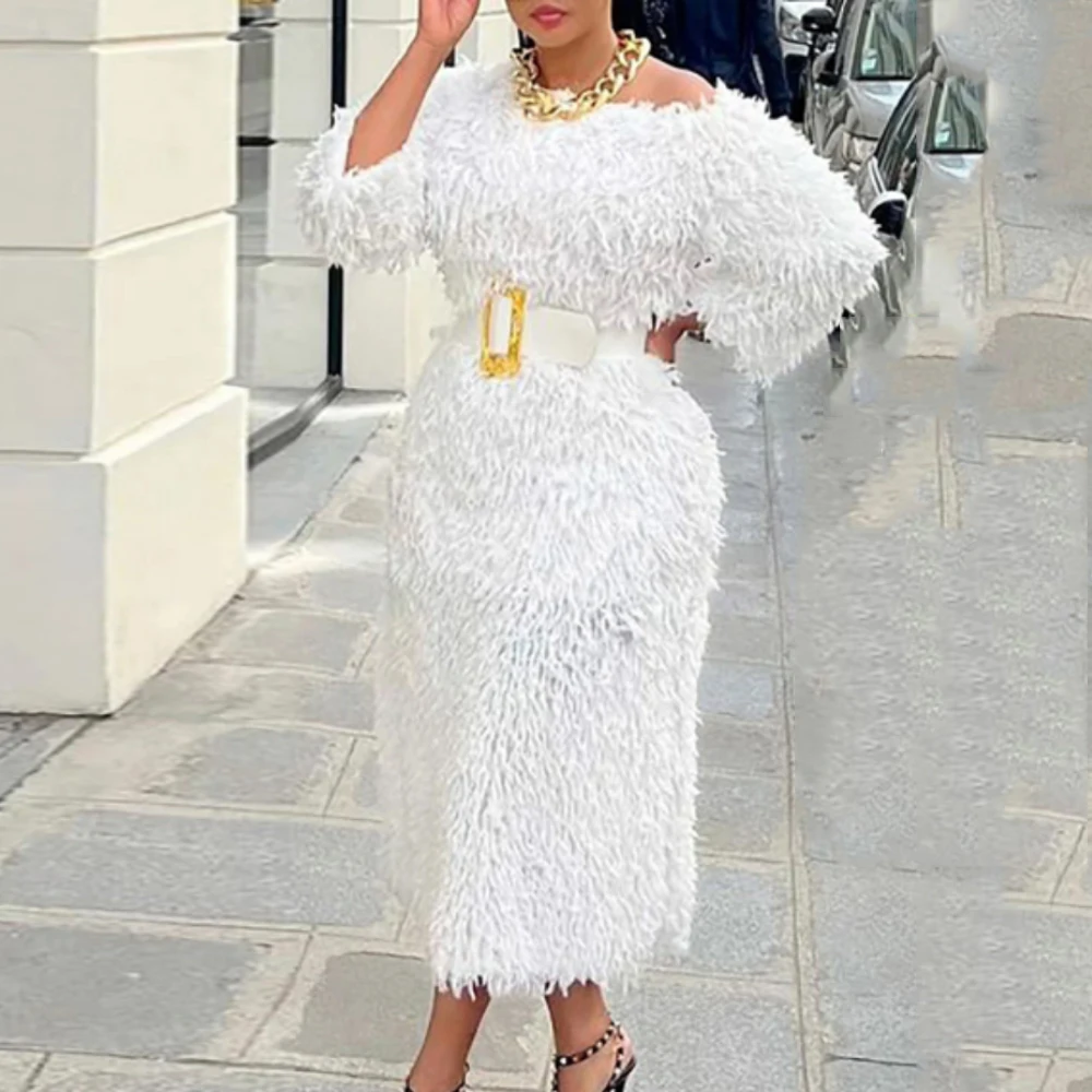 Women White Fur Dresses 3/4 Sleeves Tassel Fluffy ...  Grandado