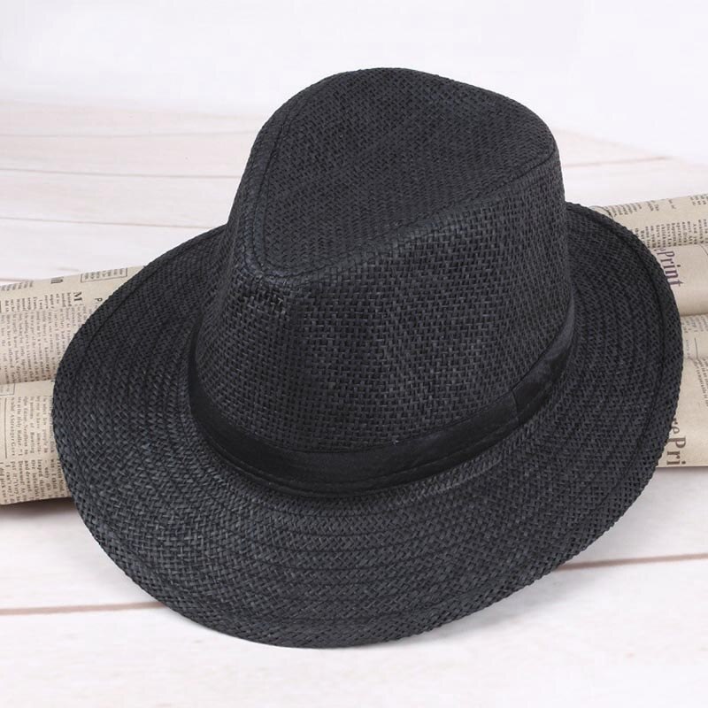 Men Straw Panama Hat Handmade Cowboy Cap Summer Beach Travel Sunhat SER88: Black