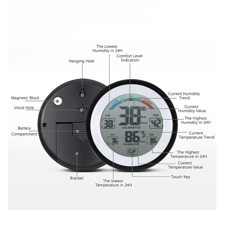 Higrómetro Digital para interiores con pantalla LCD, termómetro redondo, inalámbrico, electrónico, medidor de humedad y temperatura, probador de la estación meteorológica bl