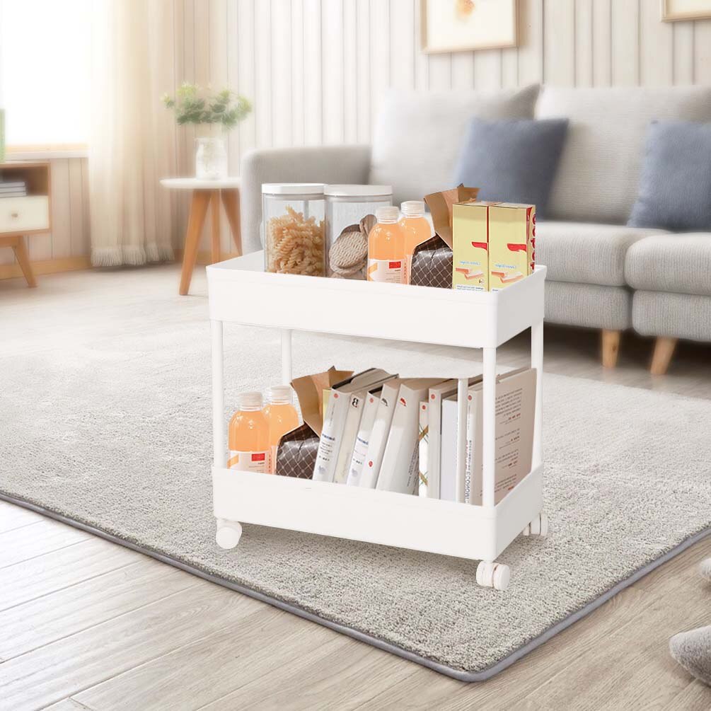 BAOYOUNI 2 Tier Plastic Slim Trolley Movable Storage Cart Pull Out Trolley Shelf with Wheels for Kitchen Bathroom White