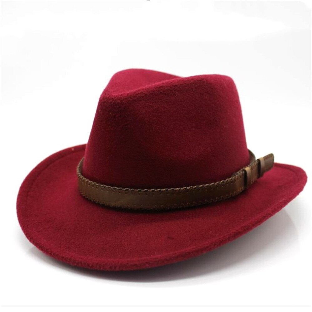 Sombrero de vaquero con cinturón de ala ancha para hombre y mujer, sombrero Trilby de lana, talla 56-58CM: Wine Red