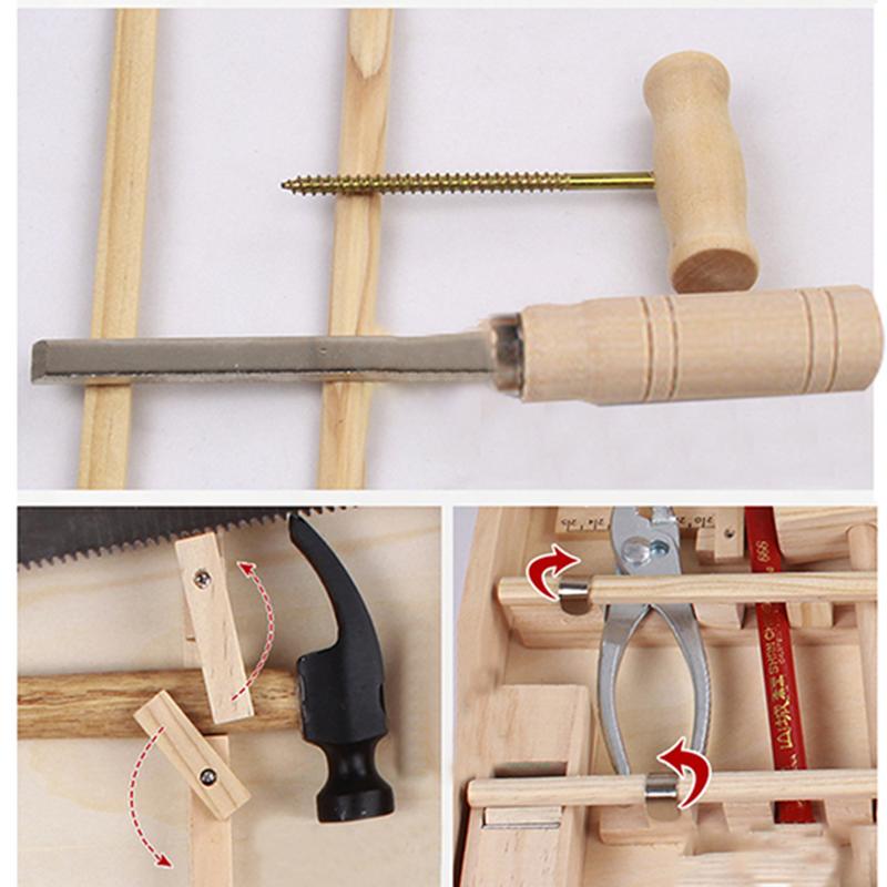 Børns foregiver reparationsboks legetøjsdemontering multifunktionelt træbearbejdningskasse træ børnestørrelse ægte værktøjssæt leg huslegetøj