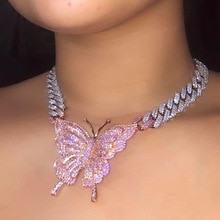 Novo 15mm iced para fora bling cz cubana link corrente rosa ouro rosa borboleta colar de prata cor 2row cz gargantilha feminino hip hop jóias