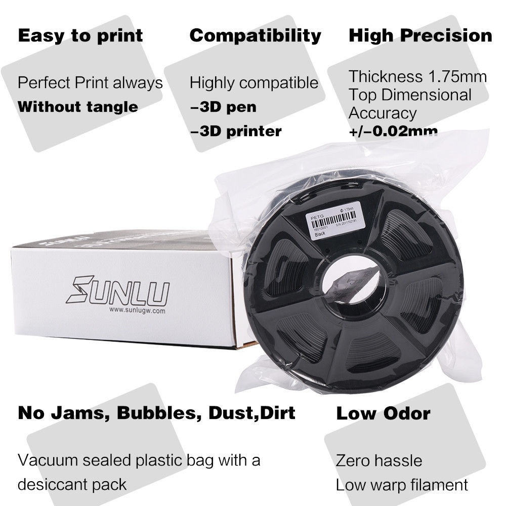 Sunlu Petg Gloeidraad 1.75 Mm Zwarte Kleur Petg 3D Printer Filament 1Kg Met Spool Lampshape Verbruiksartikelen