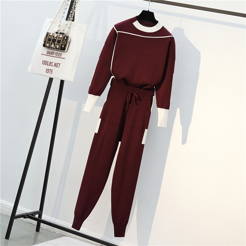 Winter 2 Stuks Set Vrouwen Trui Gebreide Truien Suits O-hals Lange Mouw Trainingspakken Vrouwelijke Streep Knit Jumper Tops & Broek: Wine red / XL