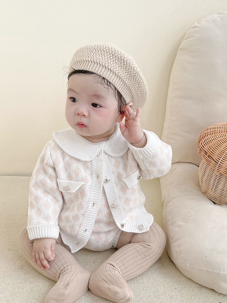 2022 Herbst Neue Baby jungen und mädchen kleidung anzug jacquard platz 100% baumwolle garn gestrickte Strampler + Mantel zwei-stück einstellen