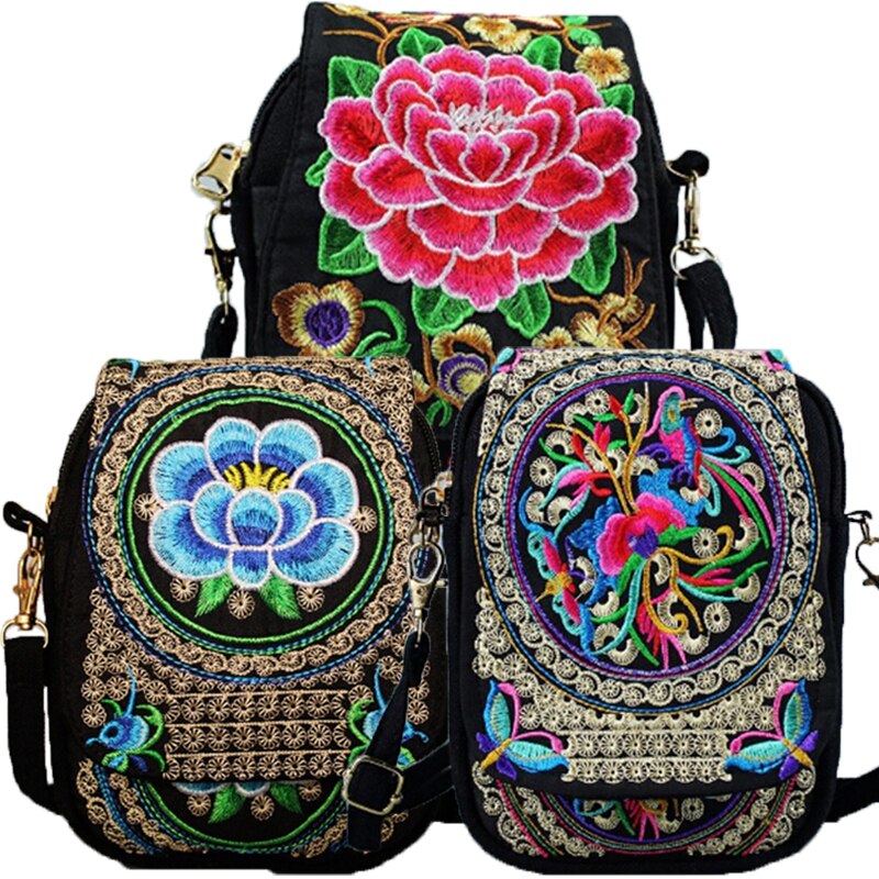 Bloemen Geborduurde Vrouwen Chinese Stijl Schoudertas Messenger Crossbody Bag Lady's Purse Bag