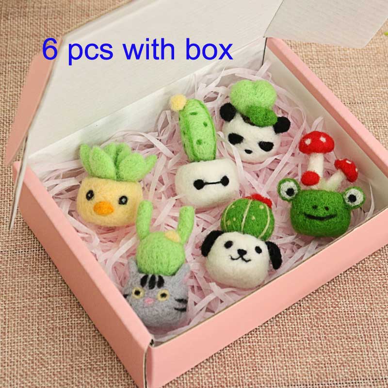 Non-Finished Women Felt Craft Kit Lovely Animal Cactus Plant Wool Needle Felt Material Decoration For Birthday Friend DIY: ZT006-6 pcs with box