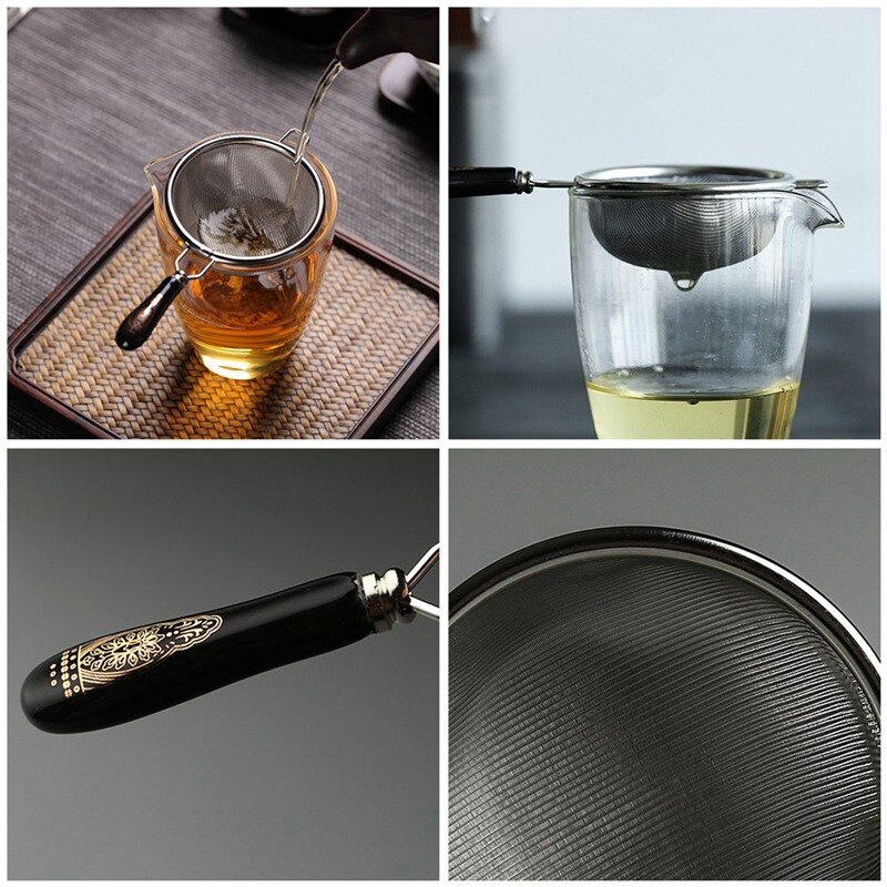Vintage Chinese Tea Infuser Stainless Steel Dual Mesh Tea Strainer Loose Leaf Tea Filter Ceramic Handle Tea Accessories