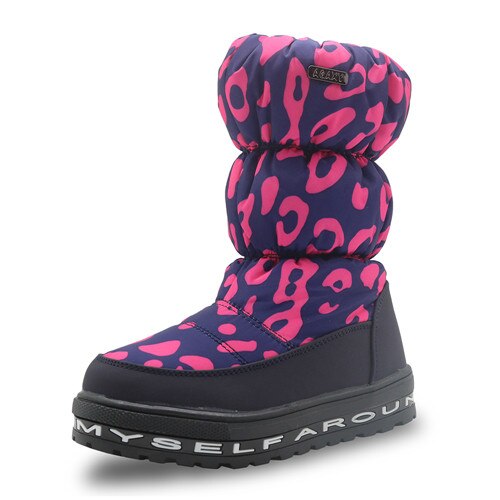 Apakowa Girls Winter Shoes Leopard Pattern Woolen Lining Kids Snow Boots Waterproof Non-slip 1 Year Baby Thick Shoes: peach / 10