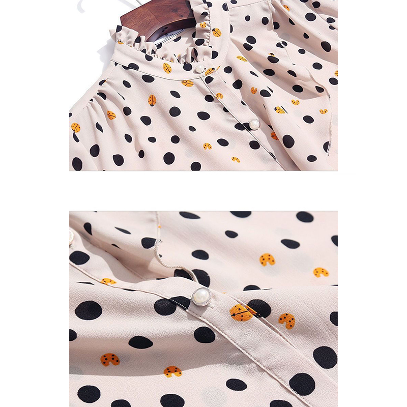 Zomer Ruches Opstaande Kraag Shirt Met Stippenprint Dames Met Lange Mouwen Elegante Mode Vesten Top Dames Losse Casual Blouse