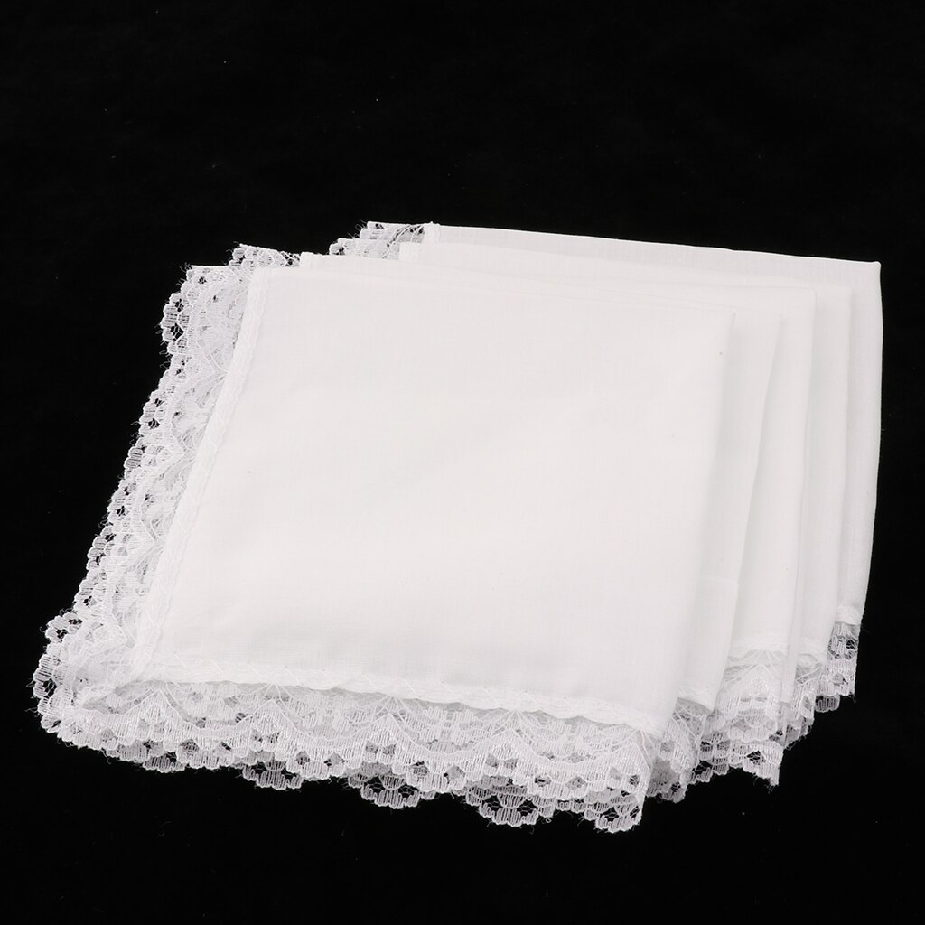 Pañuelos de algodón bordados para mujer, pañuelo blanco con borde de encaje para boda, , banquete, 5 piezas