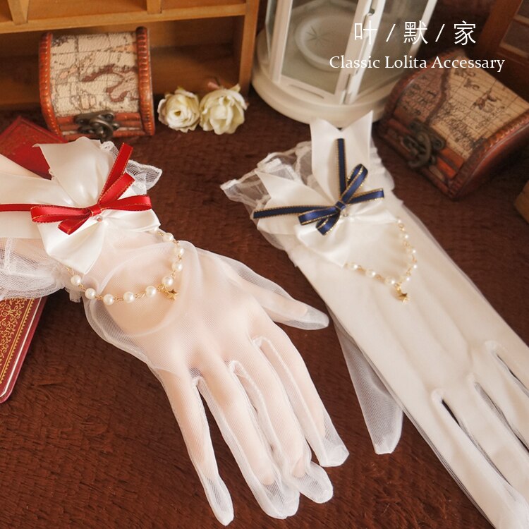 Gants en dentelle pour filles, magnifique collier de perles, cœur Lolita, maille, nœud perlé