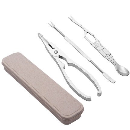 Stainless Steel Seafood Tools Set - Lobster Cracker, Pliers, Pick & Spoon In Storage Box