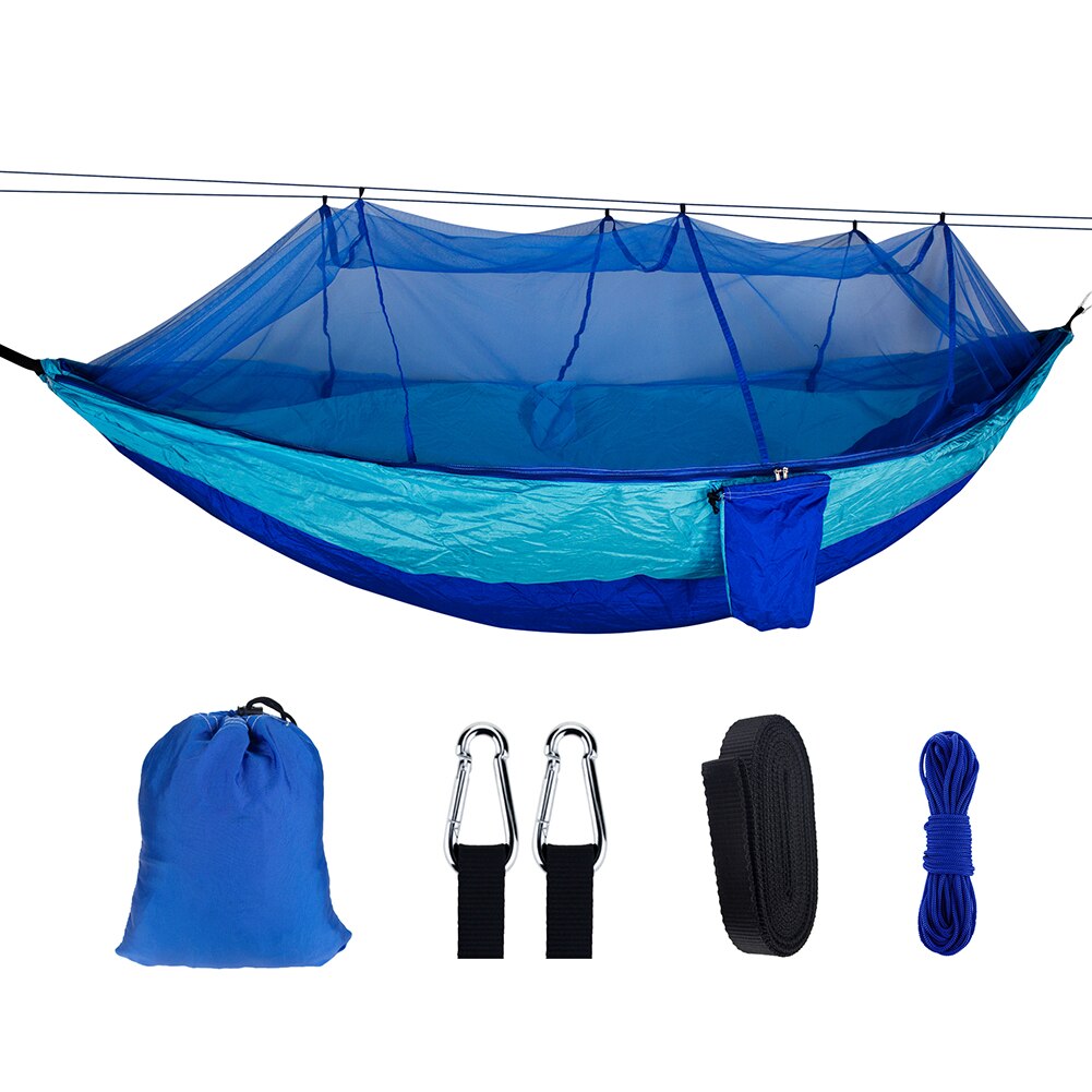 Ultralet rejsehængekøje med integreret myggenet holdbar bærbar hængekøjestol åndbar 210t nylon hængeseng: Blå