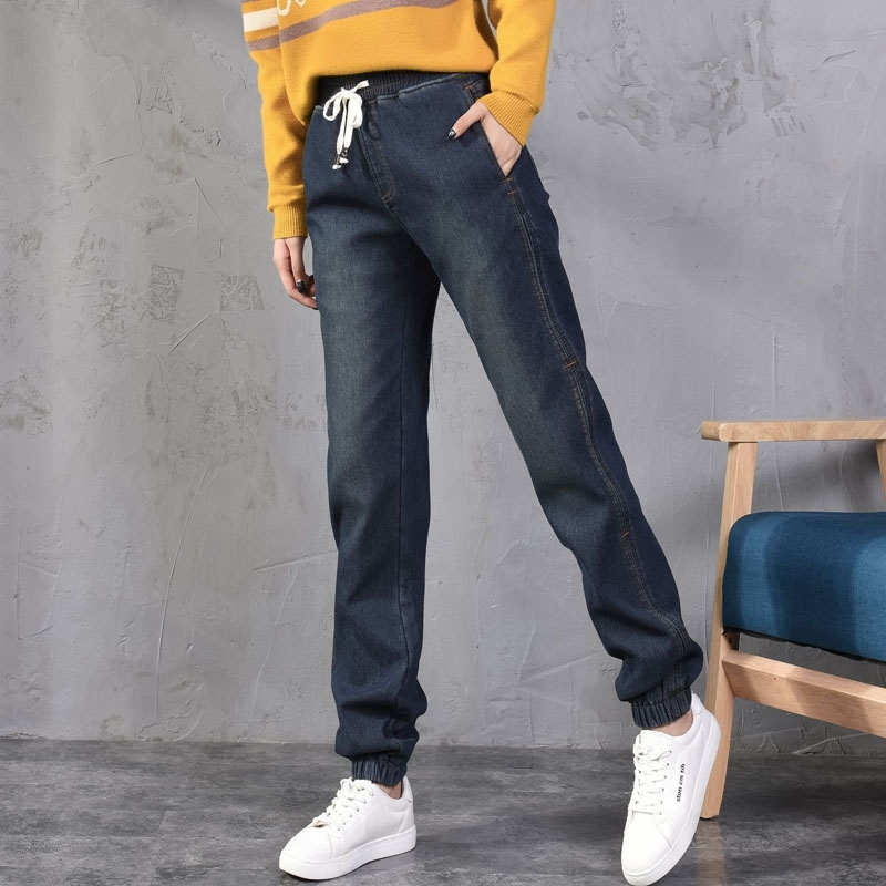 Plus velours épaissir Denim sarouel femmes automne hiver à lacets jean femme décontracté Long petit ami jean pour les femmes C6480