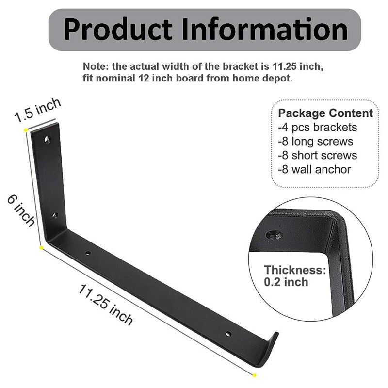 Hyldeknægte 12 tommer 4 stk kraftig sort vægbeslag med læbe til flydende hylder rustikt jern metal hyldebeslag til diy