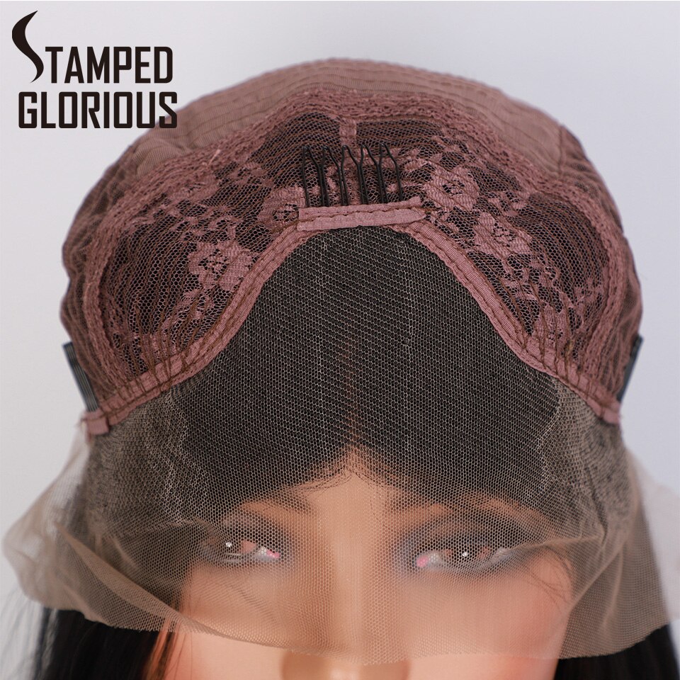 Stamped Glorious Korte Bob Lace Front Pruik Zwarte Rechte Synthetische Pruiken Voor Vrouwen Midden Divisie Gemiddelde Grootte Cap