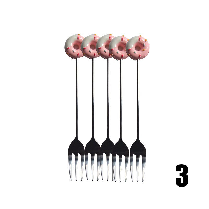 5pcs Kitchen Stainless Steel Doughnut Donuts Coffee Tea Spoon Set/Stirring Stick/Fruit Dessert Pastries Fork Set Donut fork spoo: 3