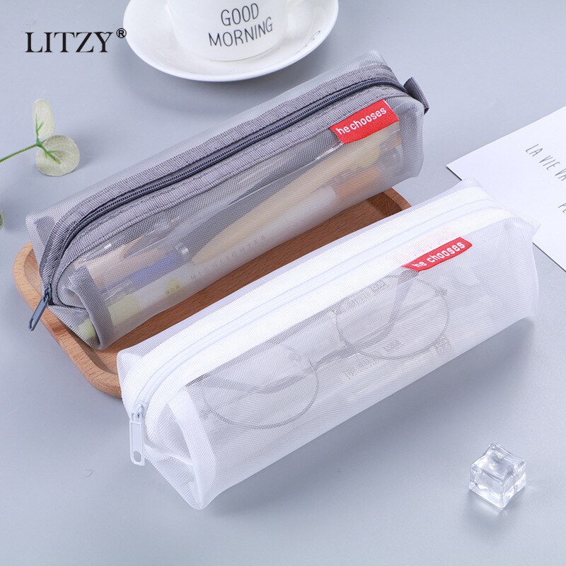 Black Transparent Nylon Pencil Case for School Mesh Pencil Bag Large Capacity Pen Box Pencilcase Stationery School Office Supply
