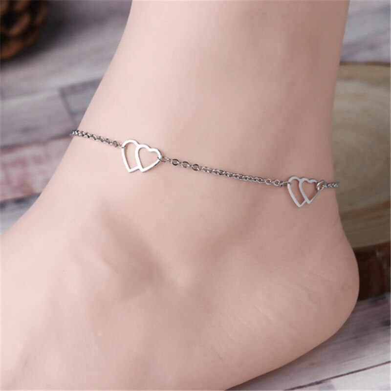 1PC Simple Stainless Steel Anklets Heart On Foot Ankle Bracelets For Trendy Women Female Men Leg Chain Jewelry 23cm Long