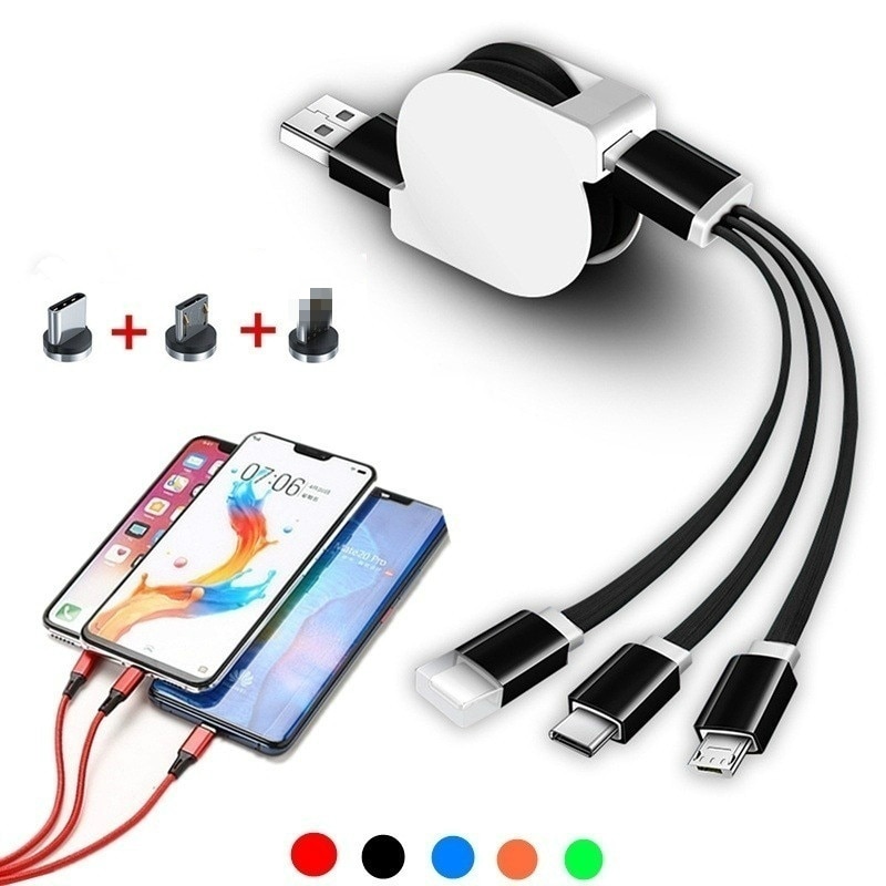 1m novo telescópico 3 em 1 rápido USB-C tipo c ios micro usb carregador rápido cabo de dados retrátil cabo de carregamento portátil