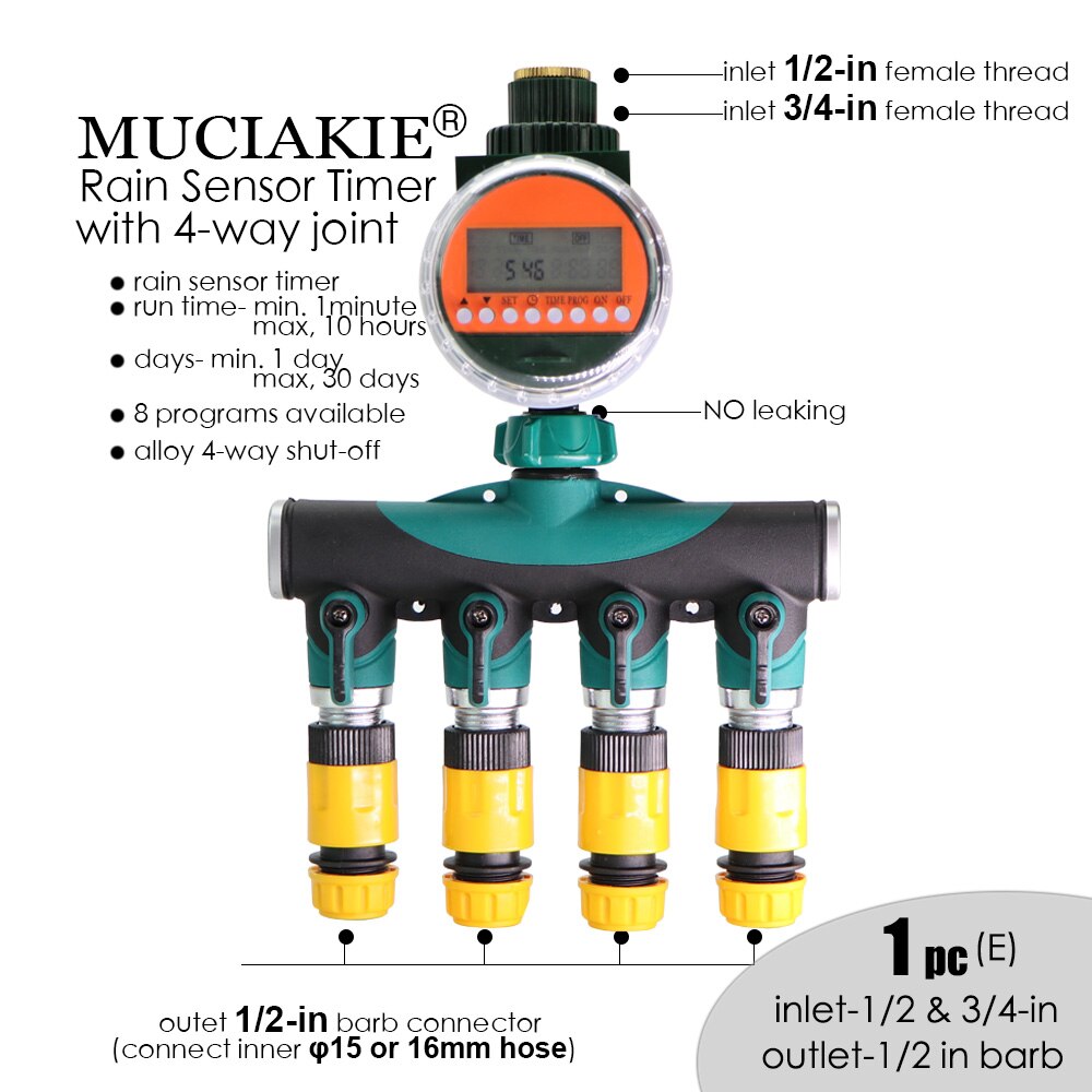 MUCIAKIE Automatic Rain Sensor Water Timer Alloy 4-Way Shut Off Electronic LED Display Garden Watering Controller Irrigation: timer alloy 4ways e