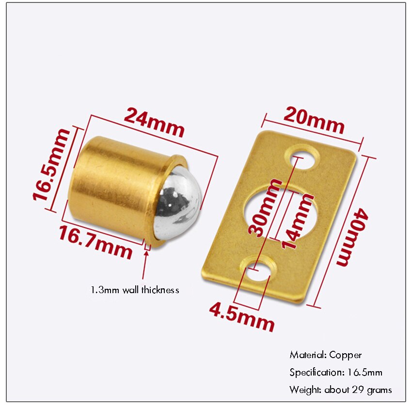 10PCS/Lot Brass Plated Closet Door Drive-in Ball Catch w/ Strike Plate, Ball Catch Door Hardware for Closet, Cabinet, Furniture: 16.5mm with Plate