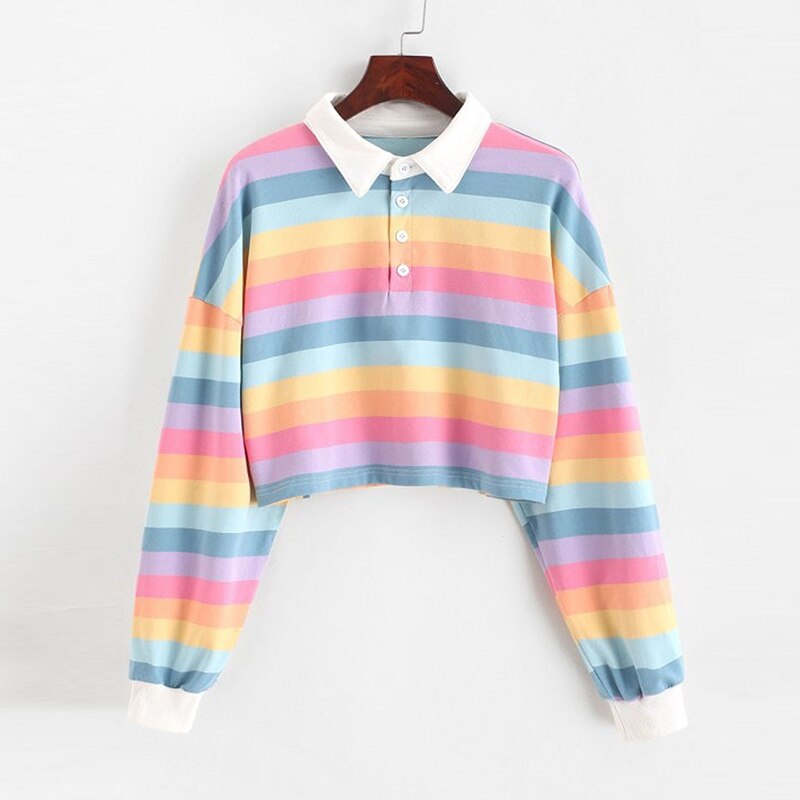 Qrwr polo shirt dame sweatshirt langærmet regnbue farve dame hættetrøjer med knap stribet sweatshirt i koreansk stil kvinder: 01 / L