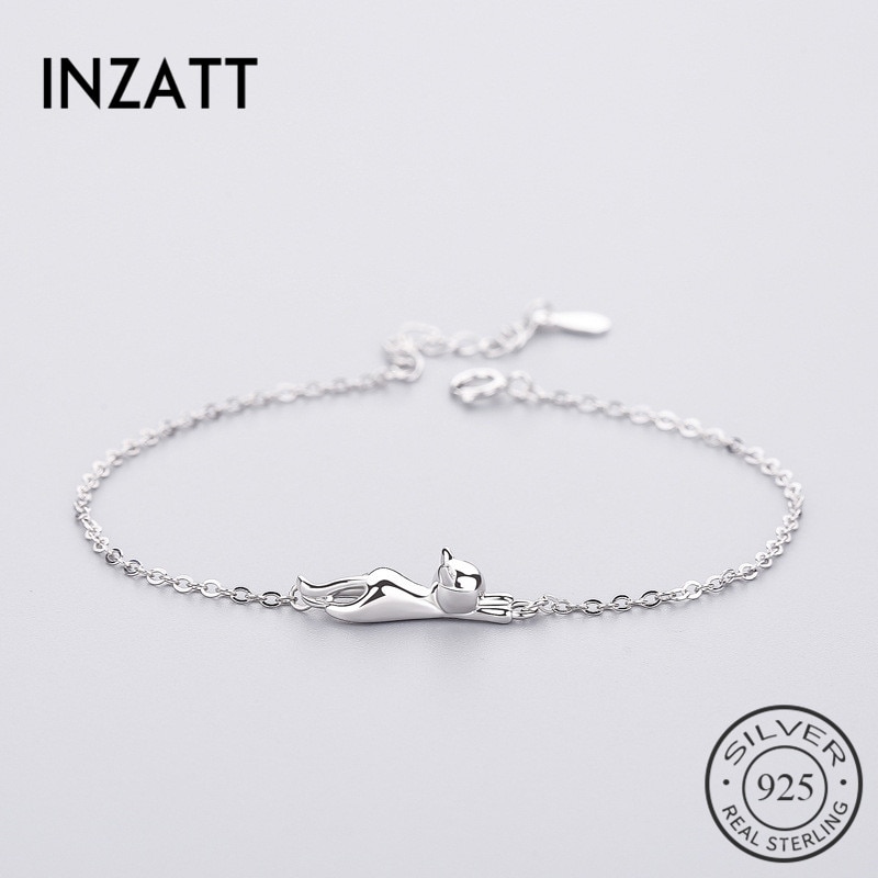 INZATT Classic Cute Gloss Tiny Cat Bracelet Real 925 Sterling Silver Accessories For Women Metal Chain Link Fine Jewelry