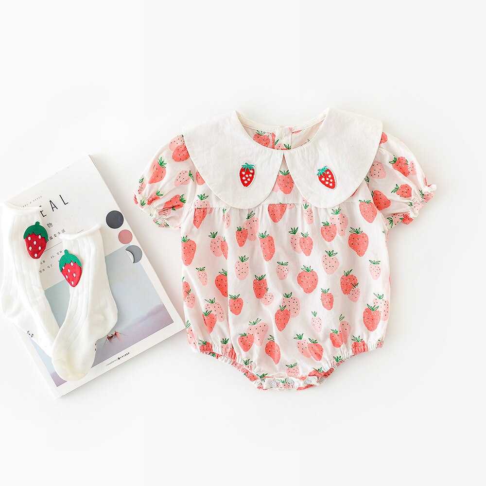 Yg – costume d'été pour enfants, col blanc, imprimé fraise, une pièce, manches courtes, triangle, court,