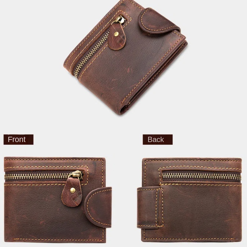 Men's Crazy Horse Leather Short Wallet Genuine Leather Buckle Wallet Vintage Top Layer Cowhide Card Holder Multi-Card Wallet