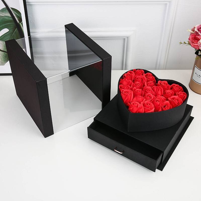Rose blomst boks akryl gennemsigtig terning firkantet vindueskuffe kærlighedsboks fest bryllup blomsteremballage hjerteformet