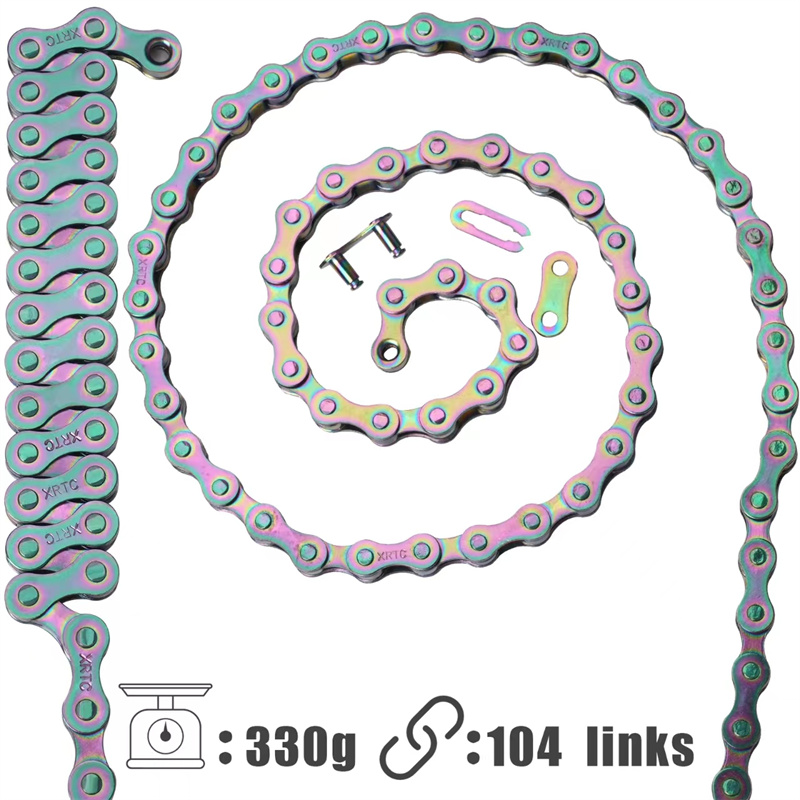 Chaîne de vélo à 1 vitesse, couleur arc-en-ciel, chaîne de vélo à vitesse unique, 104 maillons, pièces de rechange pour vtt/vélo de route