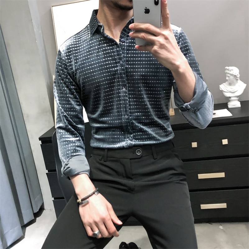 Polka Punkte Gedruckt Velours Herren Kleidung modisch Modische Grau Blau Samt Kleid Gentleman Herren Bluse Weichen Unsual Hemden