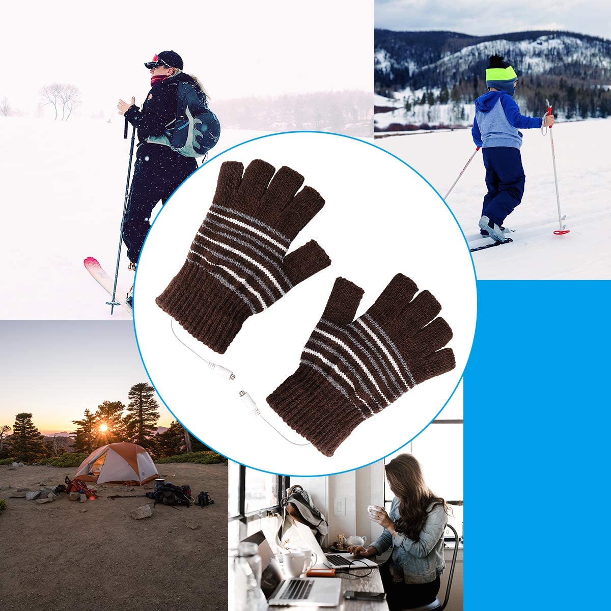 Usb-uppvärmda handskar för vantar för män och kvinnor, usb 2.0- uppvärmning, ränder mönster stickning händer varmare, fingerlös tvättbar