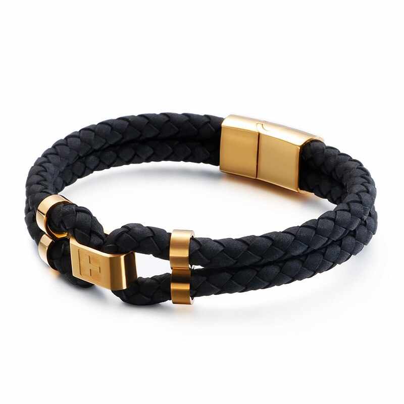 Pulseras de dijes cruzados de acero inoxidable de 210mm para hombre, joyas de cuero negras/rojas de doble capa: KB110346-K