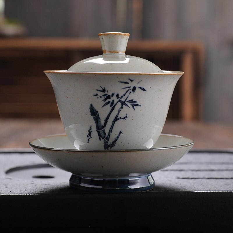 Retro Jingdezhen Hand-painted Tea Set Bowl China Kung Fu Tea Set Thick Pottery Bowl Ceramic Blue and White Tea Bowl Tea Set: h